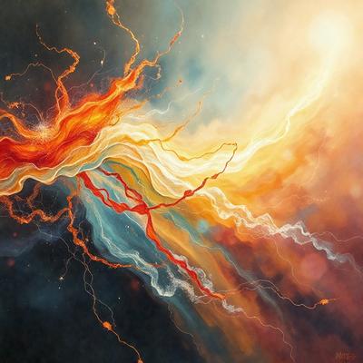 The primary subject of the image is a painting featuring a vibrant and colorful scene. The setting is a dark background, which contrasts with the bright colors of the painting. The visual style is a mix of digital art and illustration, creating a unique and eye-catching piece. The dominant colors in the painting are red, blue, and yellow, which contribute to the overall lively and energetic atmosphere.